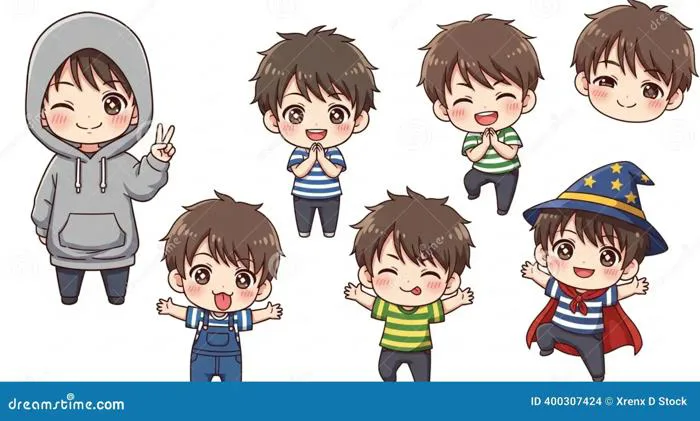 Cute Chibi Anime Boy Characters with Playful Expressions in Kawaii Style on White Background Stock Illustration - Illustration of playful, japanese: 400307424