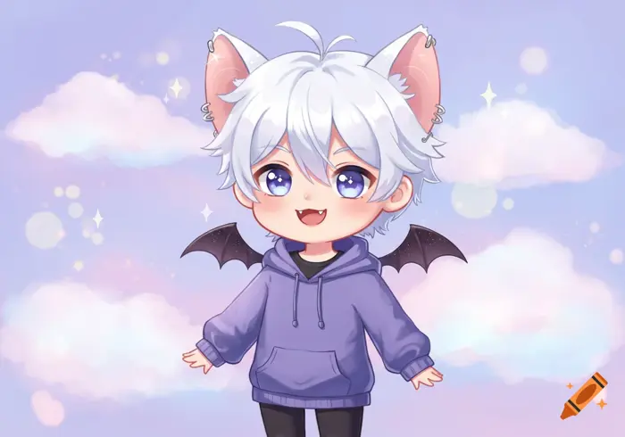 A cute white-haired chibi boy with cat ears, bat wings, and purple eyes, wearing a purple hoodie, against a pastel sky. on Craiyon