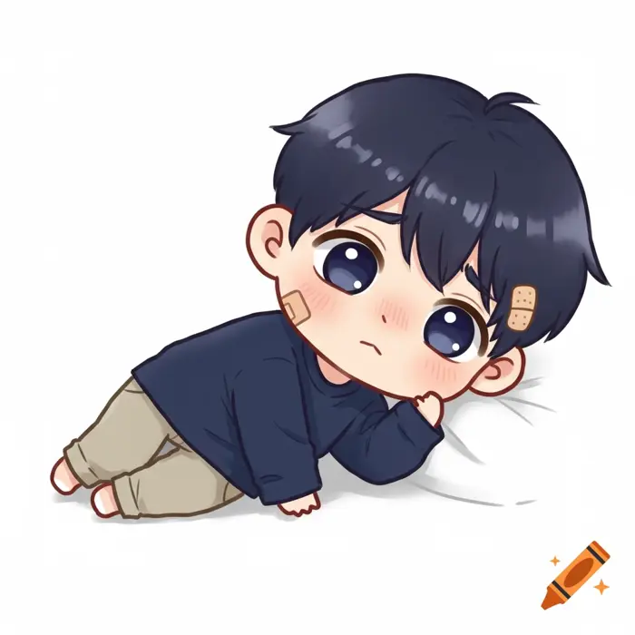 Chibi male character with dark hair, navy shirt, and beige pants, lying down with band-aids on his face, looking sad in anime style. on Craiyon