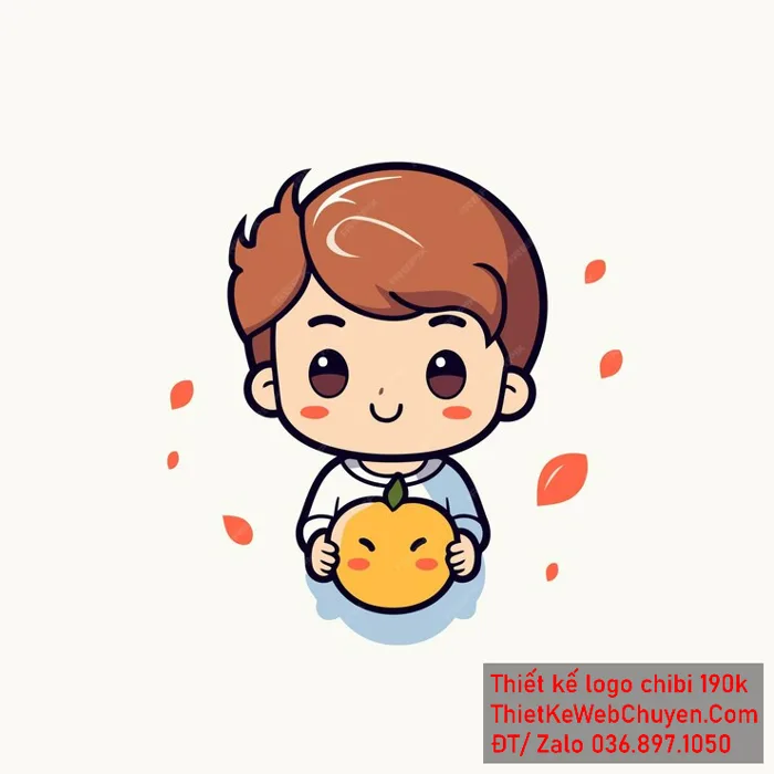 Vẽ chibi bé trai áo trắng xanh, tóc nâu, cầm quả cam, khuôn mặt tươi cười