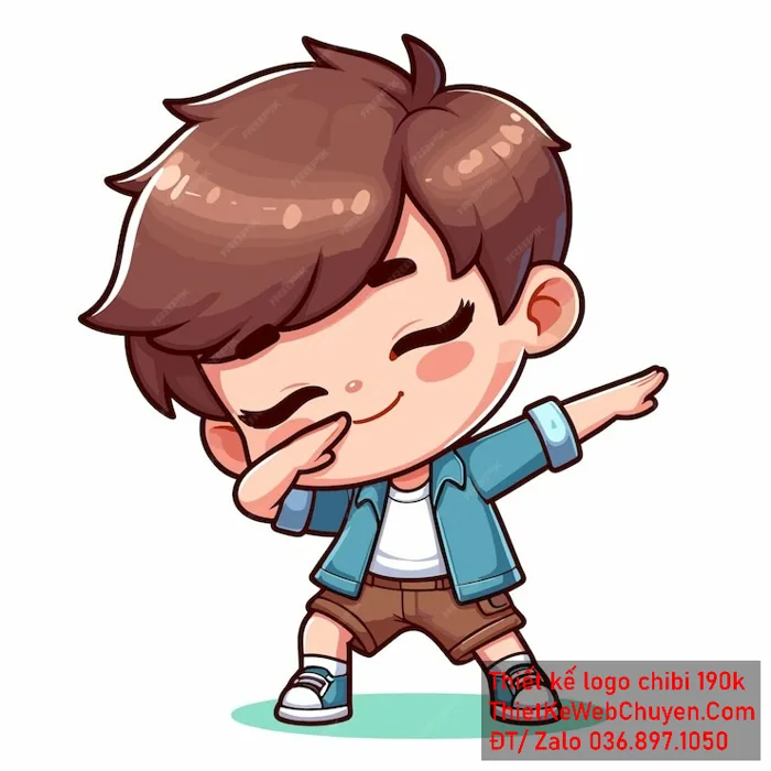 Vẽ chibi bé trai mặc áo xanh, tóc nâu, đang dab, biểu cảm tự tin để