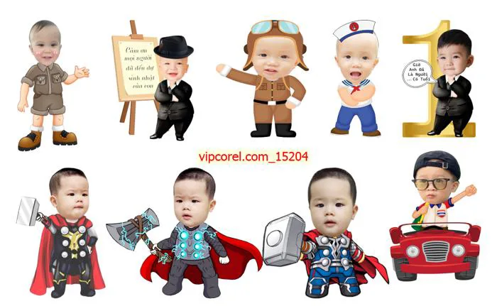 Mẫu Chibi trang trí sinhh nhật cho bé trai gép mặt | VIPcorel.com - Thư viện mẫu thiết kế đồ họa CorelDRAW (CDR).