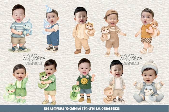 Set template 10 chibi bé trai tuổi Rắn