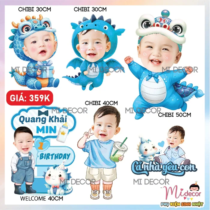 Chibi bé trai nhiều chủ đề trang trí thôi nôi, sinh nhật cho bé