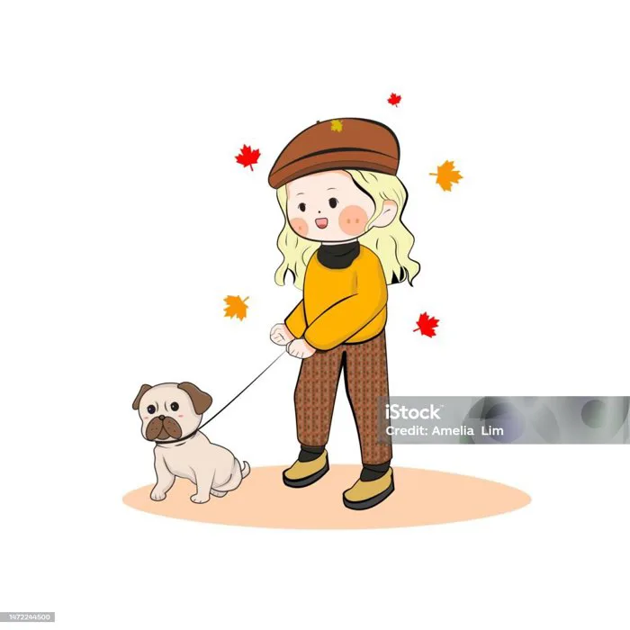 Cô Gái Dễ Thương Và Kawaii Mặc Trang Phục Giản Dị Vào Mùa Thu Khi Dắt Chó Đi Dạo Manga Chibi Minh Họa Hình minh họa Sẵn có - Tải xuống Hình