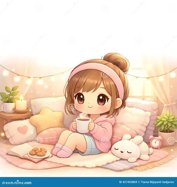 Cozy Chibi Girl Relaxing with Coffee and Cookies Stock Illustration - Illustration of drink, adult: 427453869