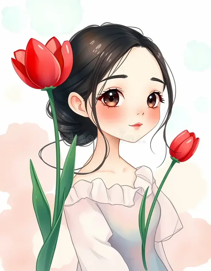 A Cute Chibi Girl with Ref Tulip Flowers, Flowing Watercolor Wash, Dreamy Mood, Wallpaper Stock Photo - Image of cute, decoration: 403744548