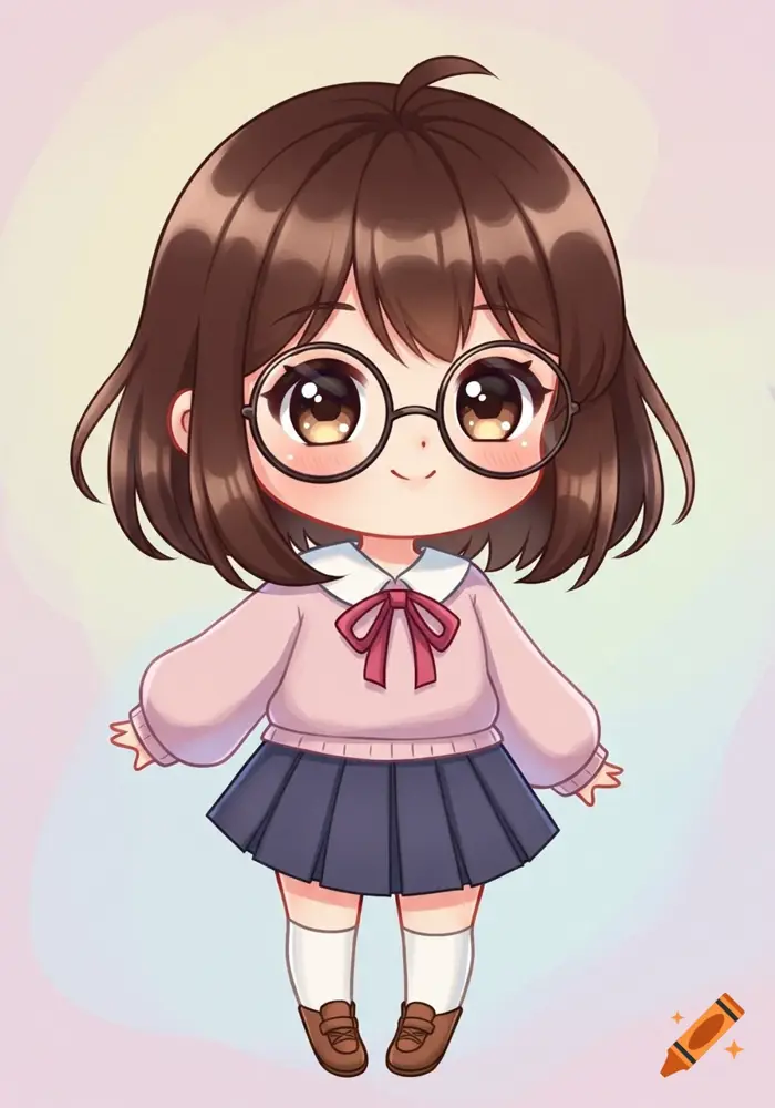 Cute chibi cartoon girl with brown hair and round glasses, wearing a pink sweater and blue skirt. on Craiyon