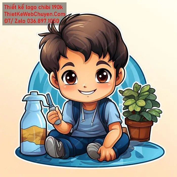Thiết kế logo chibi nam tóc ngắn, kiểu tóc nâu đậm và hơi rối, đang cười tươi vui vẻ