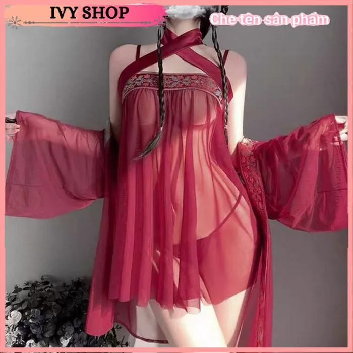 Bộ đồ ngủ cosplay tân nương cổ trang gồm áo choàng + yếm + quần lót lọt khe T gợi cảm Set đồ ngủ cao cấp cosplay cổ trang Chất Liệu Voan