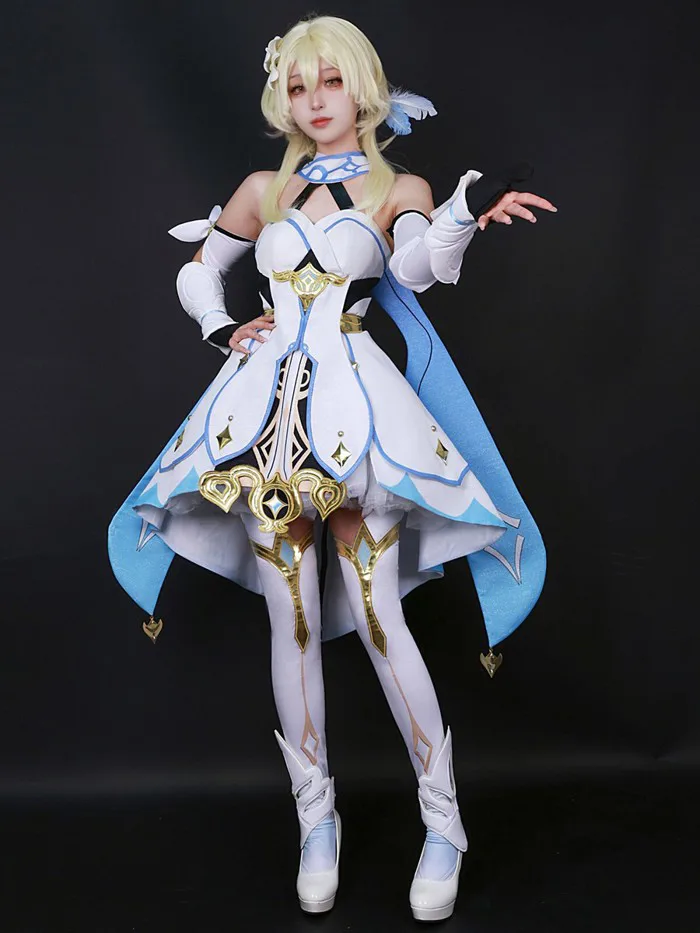 Genshin Impact Traveler Lumine Cosplay Costume Dress Wigs Halloween Party Outfit | eBay