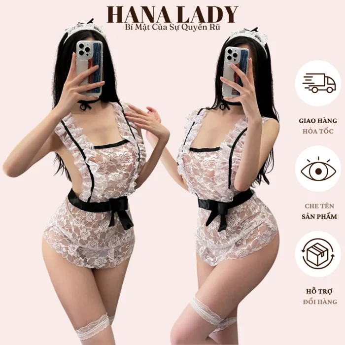 Cosplay Hầu Gái Sexy - Đồ Ngủ Tạp Dề Nàng Hầu Ren Hoa Xuyên Thấu Hở Lưng Gợi Cảm CP049 - Hana Lady
