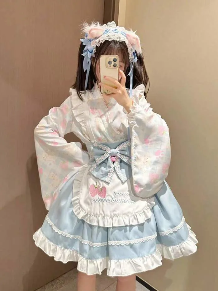 1 bộ váy hầu gái Lolita cosplay họa tiết mèo dâu tây dễ thương tươi mới, màu xanh nhạt kiểu kimono, trang phục anime học đường kawaii Meow cho lễ hội mùa