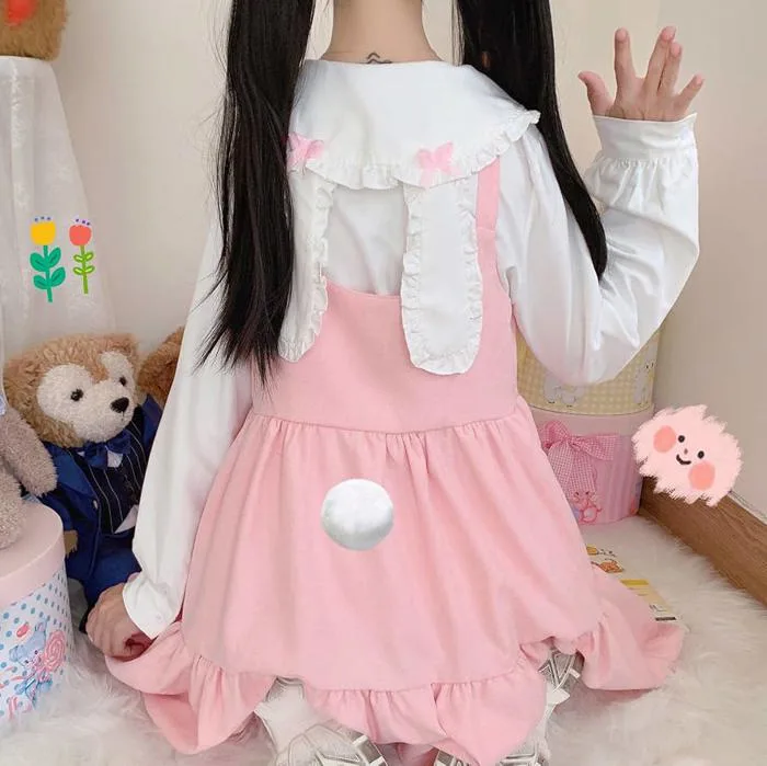 Japan Autumn Kawaii Lolita Two Piece Suit Cosplay Loli Bow Rabbits Ears Shirt Sweet Soft Girl Sleeveless Ruched Suspender : Amazon.nl: Fashion