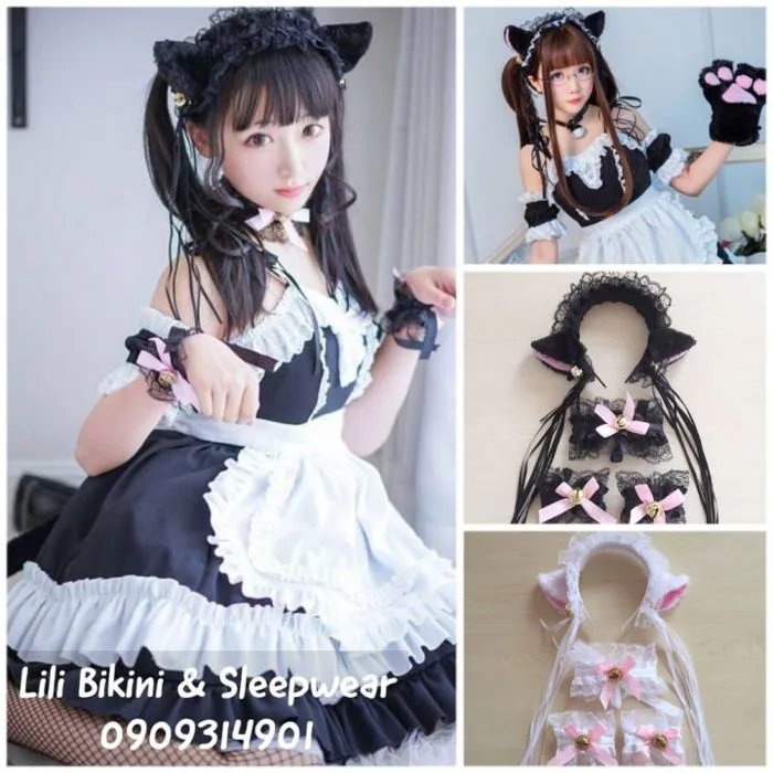 Bộ cosplay mèo Neko đen trắng bờm tóc, băng đô ren, găng tay mèo, vòng tay, nơ cổ mèo cosplay hóa trang Halloween | Lazada Việt Nam