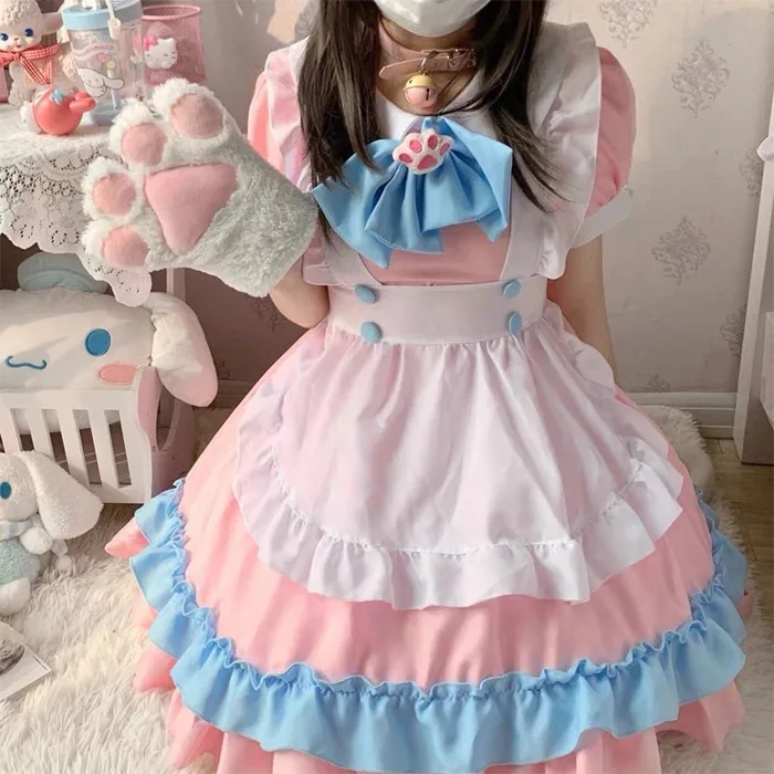 Maid ngắn cosplay mèo hồng cute đáng yêu dễ thương bộ 5 món