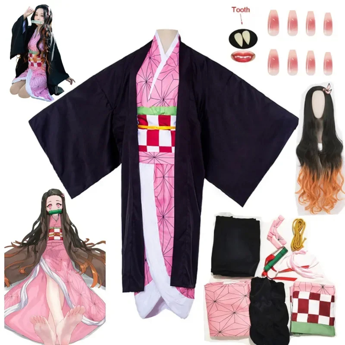 Trang phục cosplay Kamado Nezuko, kimono anime, trang phục Kamado Nezuko, tóc giả, đồng phục Halloween cho phụ nữ và trẻ em