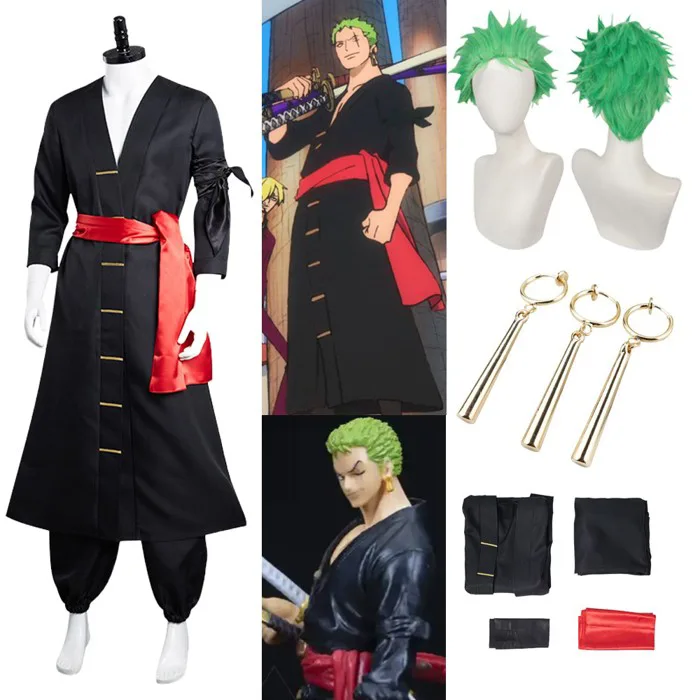 One Piece Roronoa Zoro Cosplay Halloween Costume Kimono Coat Pants+Wigs+Ear Cli | eBay