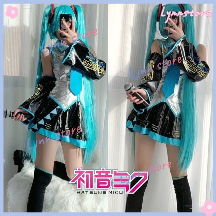 Miku Cosplay HATSUNE MIKU Trang Phục Hóa Trang Bằng Sáng Chế Da Đầm + Bộ Tóc Giả Nữ Vai Trò Chơi Lễ Hội Đảng Quần Áo