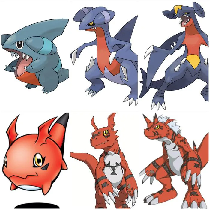 Tớ luôn thấy dòng tiến hóa của Garchomp trong Pokémon rất hợp với phong cách thiết kế của Digimon. Cậu còn thấy quái vật nào trong các tác phẩm khác mang cái