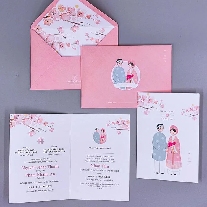 Thiệp Cưới Chibi | Họa Tiết Hoa Anh Đào. | An Hieu Wedding
