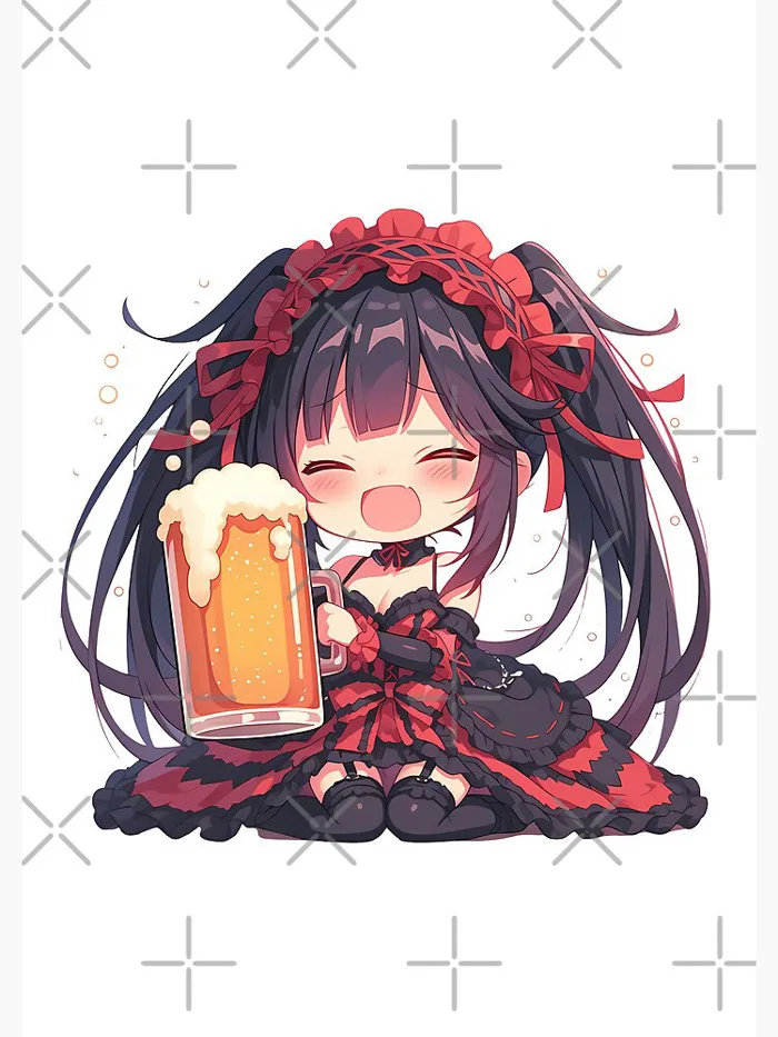 Date Kurumi Tokisaki Anime Girl Chibi Kawaii Beer Drunk Cute Gothic Red Playful