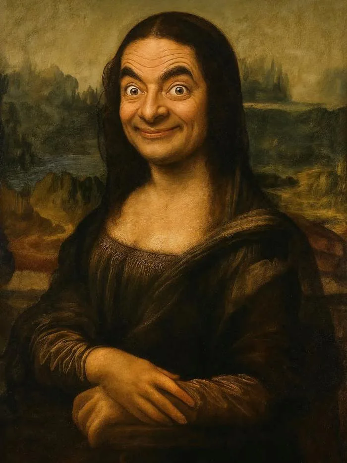 Rowan Atkinson's iconic Mr. Bean face hilariously replaces Mona Lisa in this vintage pop art meme. A perfect mashup of Leonardo da Vinci's painting and modern humor, ideal for fans of trending Rowan Atkinson's iconic Mr. Bean face hilariously replaces Mona Lisa in this vintage pop art meme. A perfect mashup of Leonardo da Vinci's painting and modern humor, ideal for fans of trending