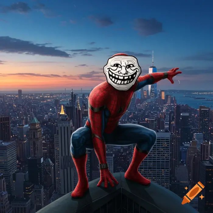 Spider-Man with a Troll Face meme for a head crouches on a skyscraper rooftop, overlooking a city skyline at sunset. on Craiyon