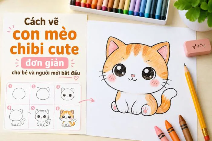 Cách vẽ con mèo chibi cute đơn giản cho bé và người mới