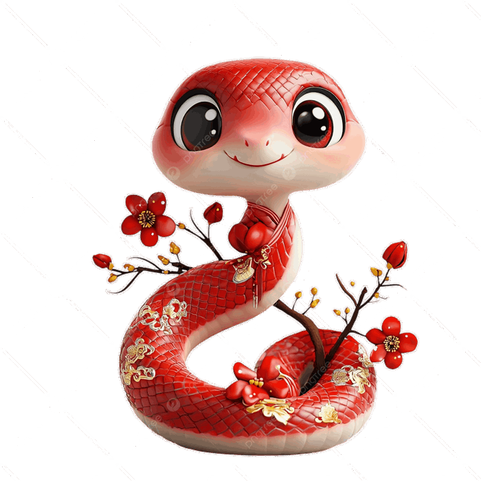 Hình ảnh Kawaii Chibi Rắn Mặc Quần áo Năm Mới Màu đỏ Hoa Mắt To Biểu Cảm Mỉm Cười Toàn Thân Phối Cảnh Nền Màu Trơn ánh Sáng Dịu Màu ấm Chuyển