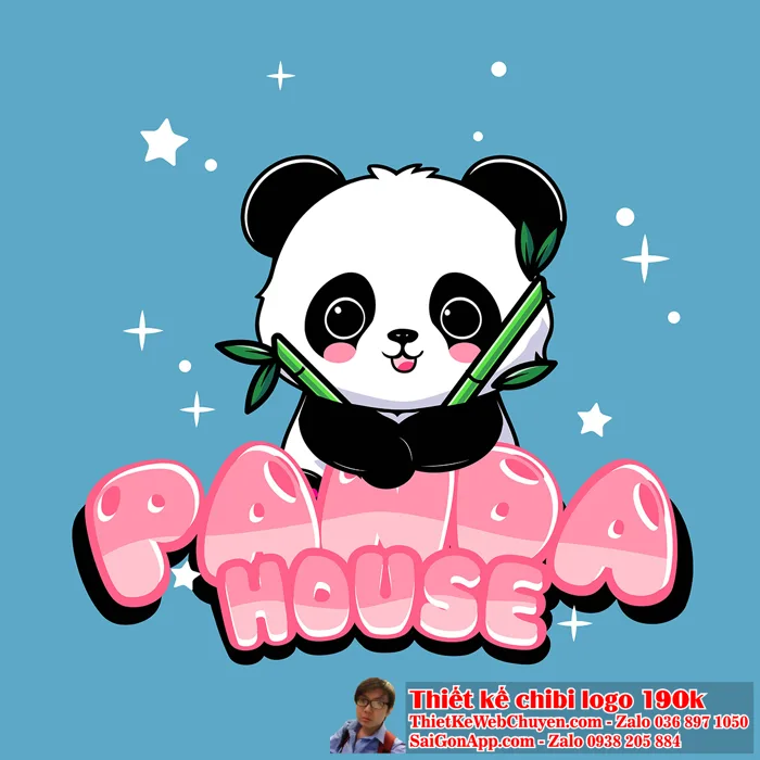 Vẽ chibi chú gấu trúc dễ thương đang cầm cây trúc để thiết kế logo