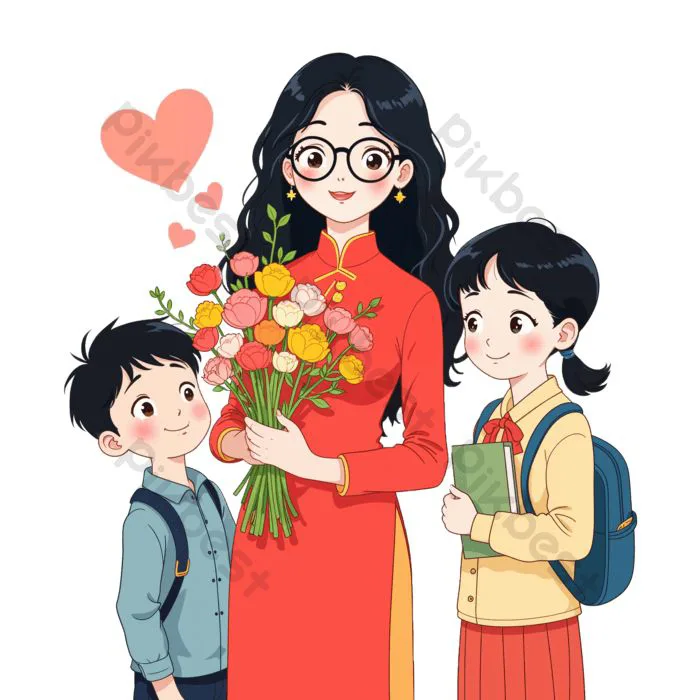 Tải miễn phí Cô Giáo Mặc áo Dài đỏ Và Hai Học Sinh Công cụ đồ họa | PSD chuyên nghiệp - Pikbest