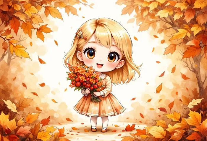 Hình ảnh miễn phí: Cảnh hoạt hình anime về một cô bé tóc vàng cầm một bó hoa trong khung cảnh mùa thu